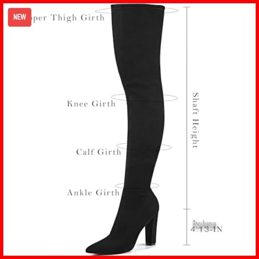 Stretch Suede Thigh High Boots 4.13 Inch Chunky Heel Over The Knee Boots